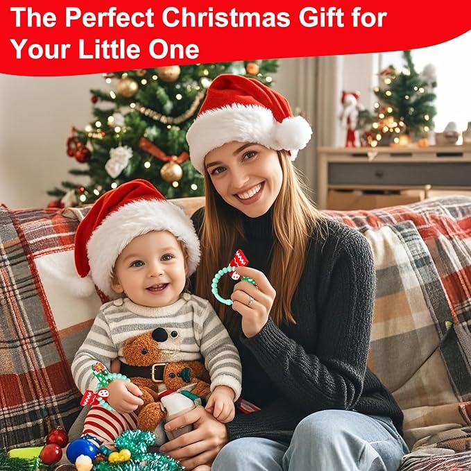 Christmas Baby Teething Ring Toys – Christmas Gift & Stocking Teethers for Newborns, Infants & Toddlers – Sensory Chew Bracelet for Teething Relief – Perfect Baby’s First Christmas Stocking Stuffers