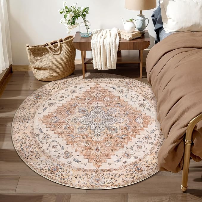 Ciicool Boho Area Rug 4x4ft Round Washable Bedroom Non-Slip Vintage Entryway Throw Rug Low-Pile Indoor Carpet for Living Room Foyer Rug(Vintage Cream/Brick)