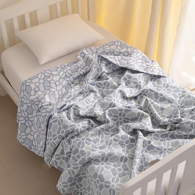 NTBAY 3 Layer Oversized Muslin Cotton Toddler Blanket, 45x60 Inches Jacquard Reversible Nursery Bed Blanket, Super Soft and Thermal Crib Blanket for All Seasons, Baby Gift, 45"x60", Blue Clover