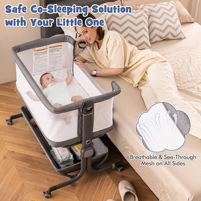 BABY JOY Bassinet, Bedside Crib w/ 6-Level Adjustable Height, Storage Shelf, Wheels, Mattress & Carry Bag for Safe Co-Sleeping, Folding Bassinet Bedside Sleeper for Newborn Infants (Gray)