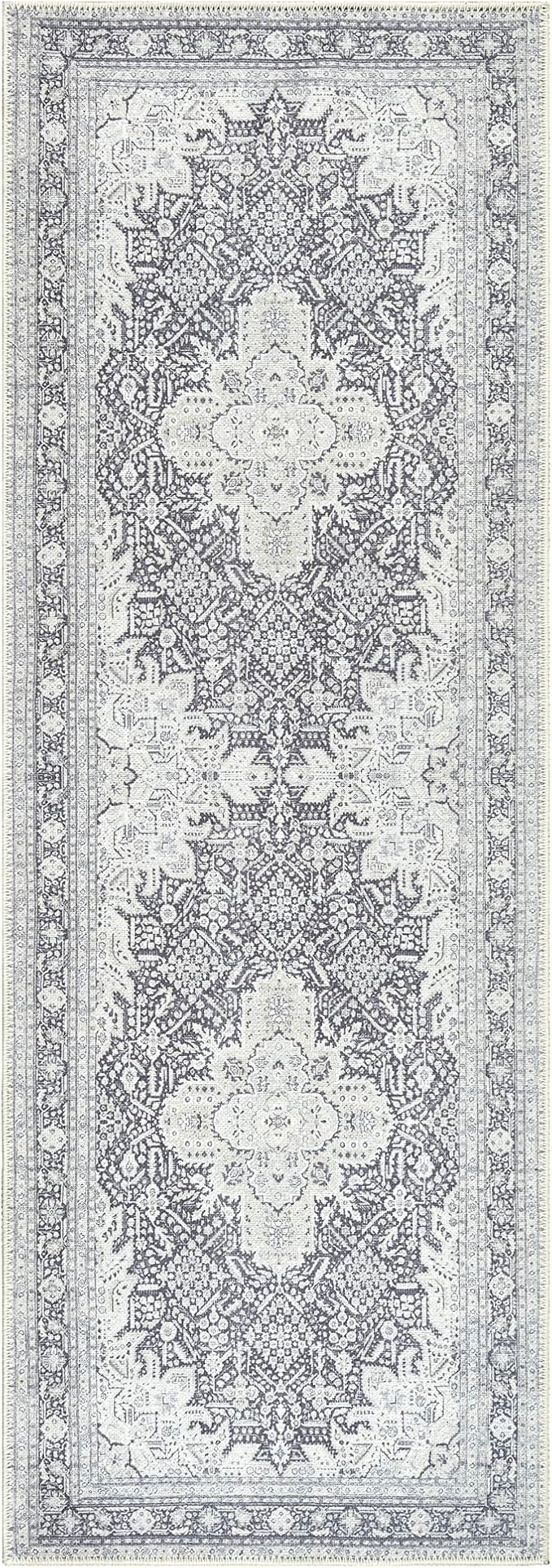 Bloom Rugs Washable Non-Slip 10 ft Runner - Charcoal Blue Traditional Medallion Runner for Entryway, Hallway, Bathroom, and Kitchen - Exact Size: 2.5' x 10'