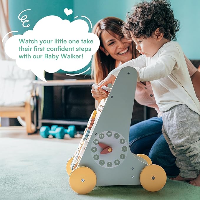 ROBUD Wooden Baby Walker, Baby Push Walker with Activity Center and Storage, Montessori Walker Toy for Boys and Girls Learning to Stand and Walk, Blue