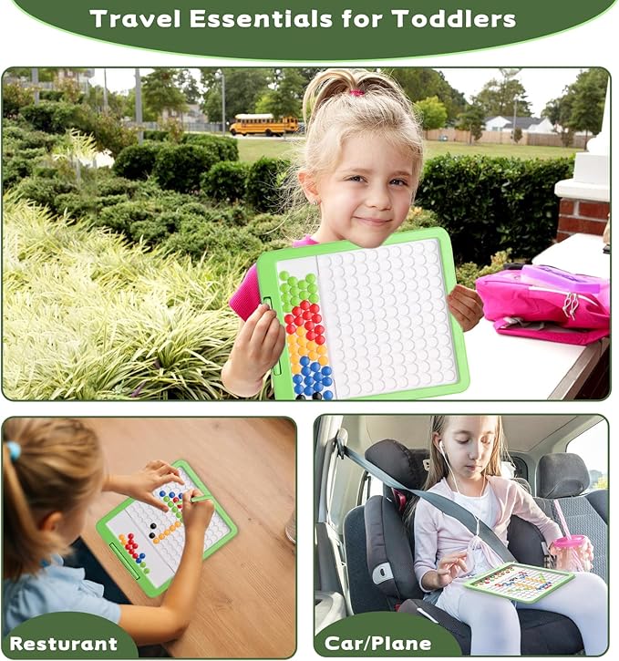 Magnetic Drawing Tablet, Magnetic Doodle Board for Kids with Dot Beads and Pattern Book, Montessori Educational Travel Toy for Boys and Girls 3 4 5 6 Years Old (Green)