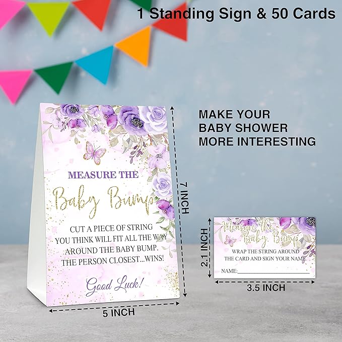 Measure the Baby Bump Baby Shower Game Set, 1 Standing Sign with 50 Guessing Cards, Butterfly Gender Reveal Party Decorations Supplies - B03
