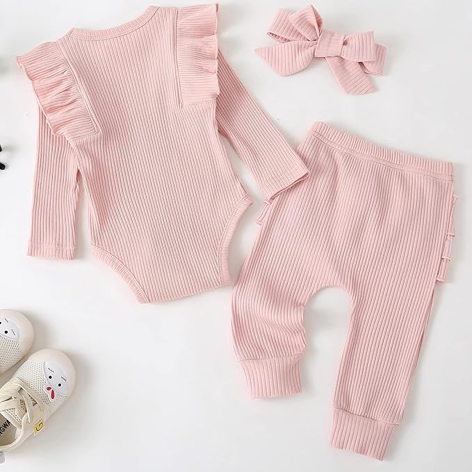 Fullfamous Baby Girl's 3pc Rib Frill Long Sleeve Romper and Pant Set