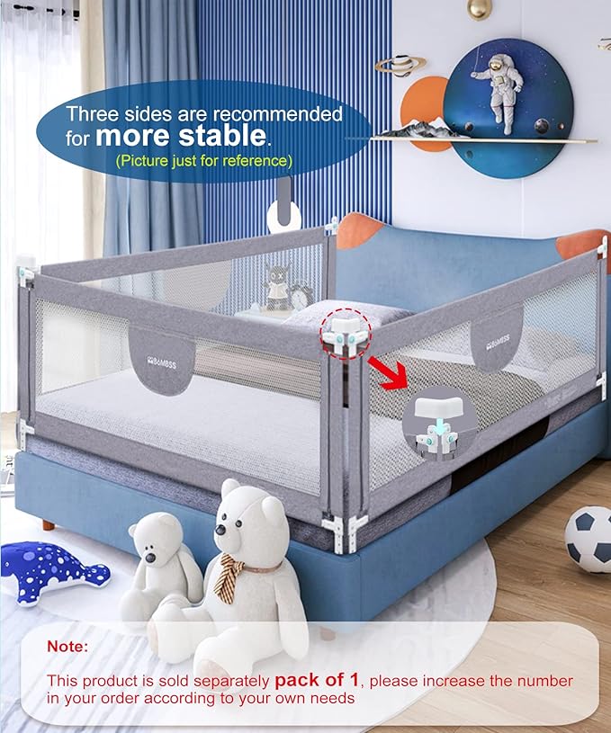MBQMBSS 58'' Bed Guard Rail for Toddlers, Baby Bed Rails - Fit for Wide Side of Queen Bed, Adjustable Rail Guard, Bed Rails for Kids with Double Safety Lock & Extra Y-Shaped Reinforcement Strap