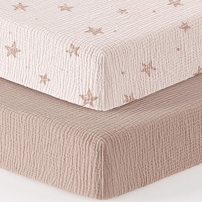 Bearmoss Muslin Crib Sheets - 100% Cotton Baby Crib Sheets Fitted for Standard Crib Mattress & Toddler Bed Mattress 52"x28" Soft Breathable Crib Sheet Neutral for Boys Girls - 2 Pack (Pink Star)