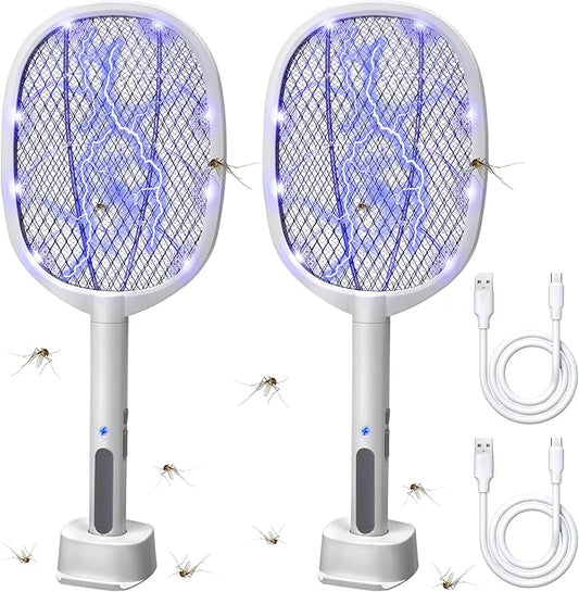 Lulu Home 2-in-1 Electric Bug Zapper Racket, 2 Pack 3000V High Voltage LED Lighted Handheld Mosquito Swatter with 3 Layer Safety Mesh, USB Charging Portable Fly Killer Racquet