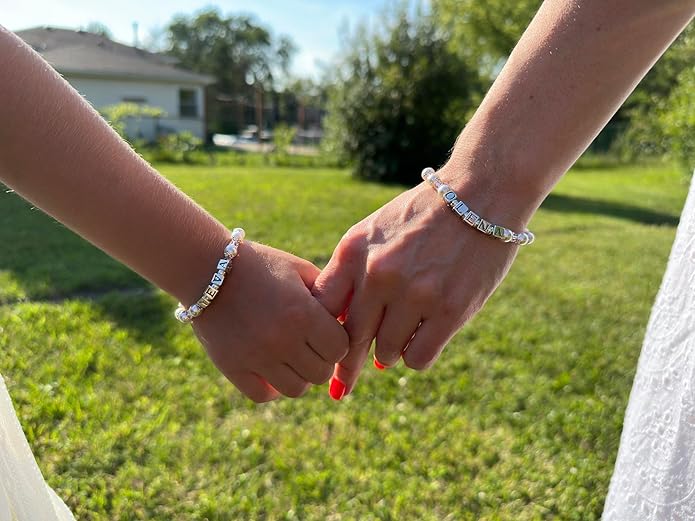 Personalized Baby Gifts, Mommy and Me Matching Birthstone Bracelet, Sterling Silver Alphabet Beads with your Name, White Pearl Bracelets for Girls, Birthstone Jewelry Baptism Gifts for a Birthday Girl