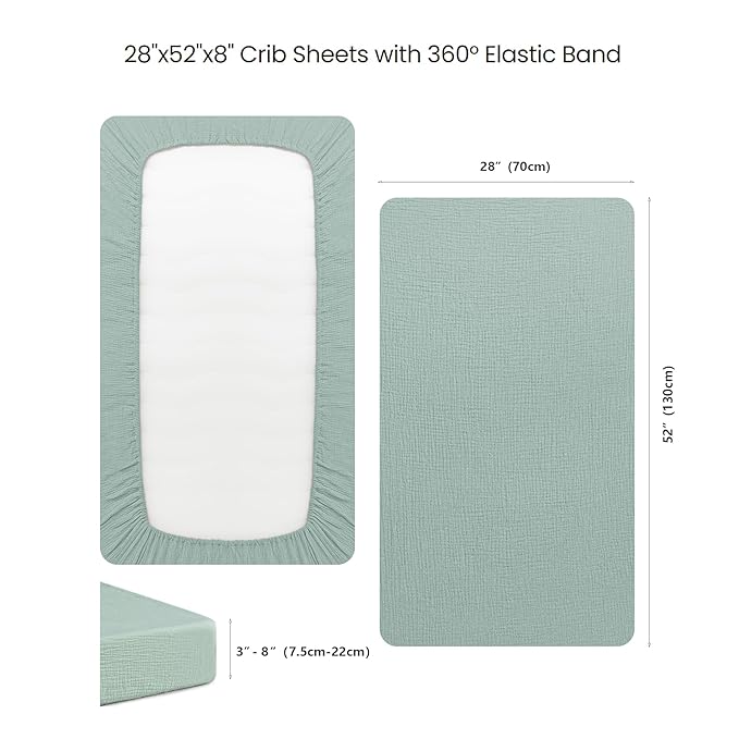 Konssy Muslin Crib Sheets for Girl Boy, 2 PCS Soft and Breathable Cotton Baby Sheets for Standard Crib Mattress, 52"x 28" (Green, Cream)