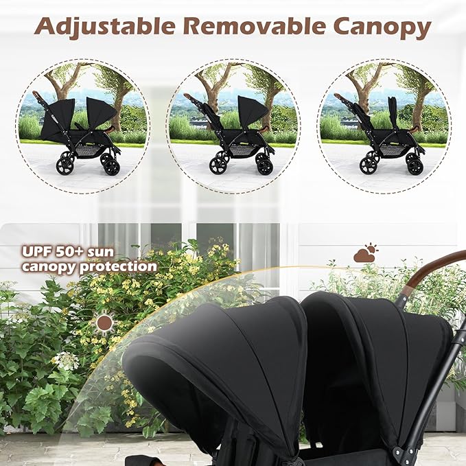 INFANS Double Stroller, Foldable Baby Tandem Stroller with Djustable Backrest Canopy Footrest, 5-Point Harness, Storage Basket, Convertible Compact Twin Stroller for Infants and Toddlers