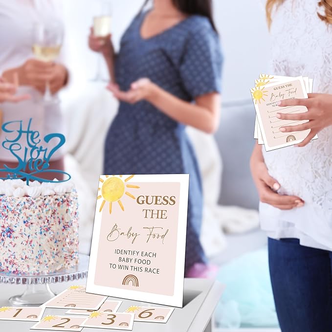 Guess the Baby Food Game Shower, 8x10 Inches Sign 25 Answer Cards and 6 Number Cards, Boho Sunshine Shower Party Decorations Supplies Favors - E04
