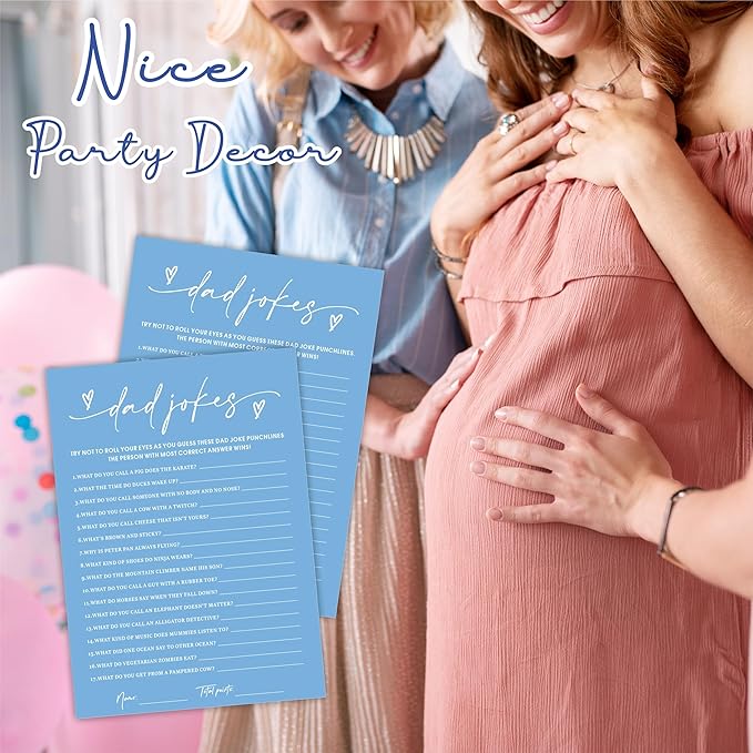 Dad Jokes Baby Shower Game Cards - Minimalism Blue - 30 Double-Sided Fill In Style Game Cards For Gender Reveal, Baby Announcement, Party Games & Activity - C05