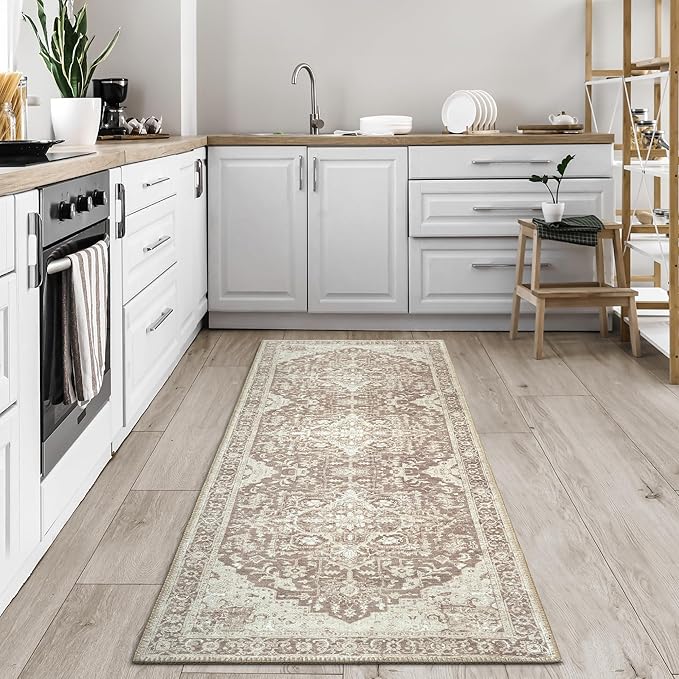 Bloom Rugs Washable Non-Slip 7 ft Runner - Light Brown Traditional Medallion Runner for Entryway, Hallway, Bathroom, and Kitchen - Exact Size: 2.5' x 7'