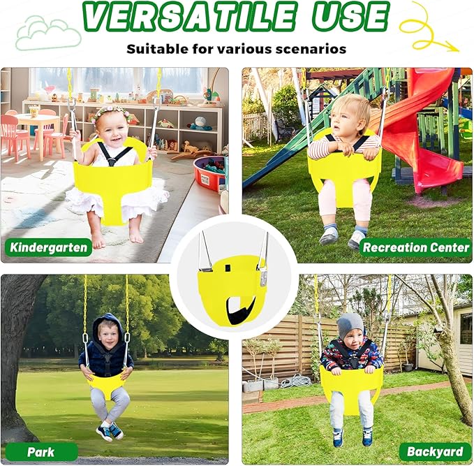 High Back Full Bucket Toddler Swing Seat with 3- Point Adjustable Safety Harness, 66 inch Detachable Chain,Suitable for Babies Aged 6-24 Months,Baby Swing for Swingset (Yellow)