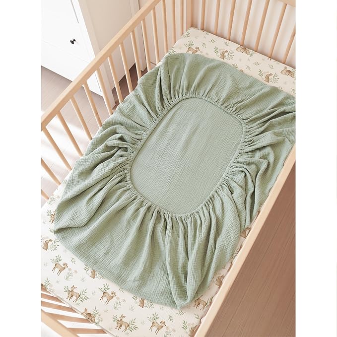 Konssy Muslin Crib Sheets 2 PCS, 100% Cotton Baby Crib Sheets for Standard Crib Mattress (28"x 52"), Soft and Breathable for Boys, Girls (Woodland,Sage)