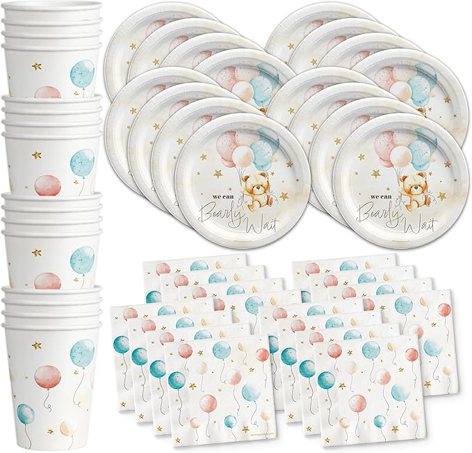 Teddy Bear Party Supplies - Bear Baby Shower Tableware Set Includes Plates Cups and Napkis (48 Piece, We Can Bearly Wait)