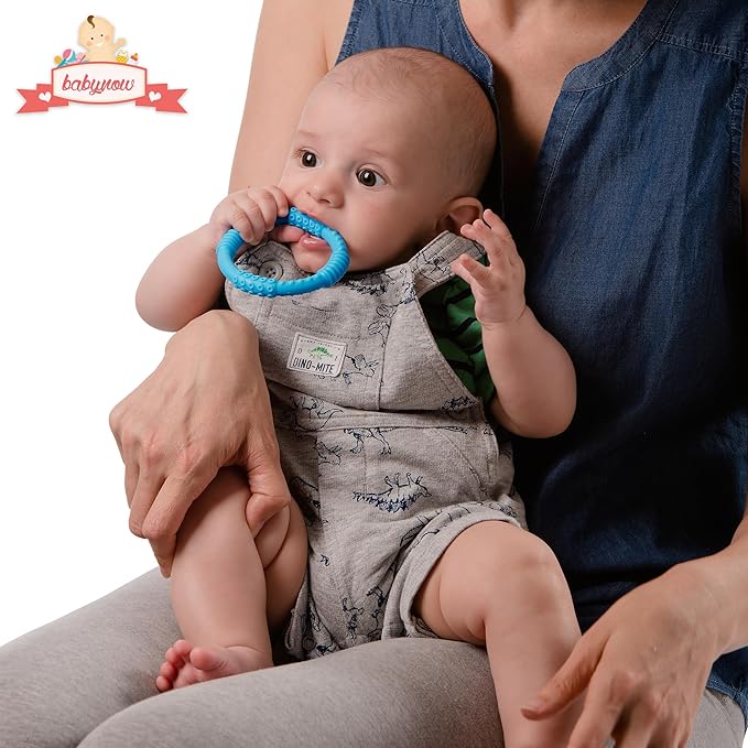 Babynow Teething Rings - Sensory Teether Ring Pacifiers for Babies 0-12 Months Sensory Chew Toy Safe Toddler Comforter Soother Infant Dummie Toy - Blue 2 Pack