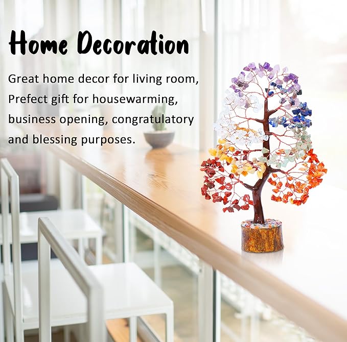 Crocon Seven Chakra Gemstone Tree Copper Wire Feng Shui Money Bonsai Good Luck Chakra Healing Crystals Home Decoration Ornament Figurine Wealth Prosperity Gift Size: 10-12"