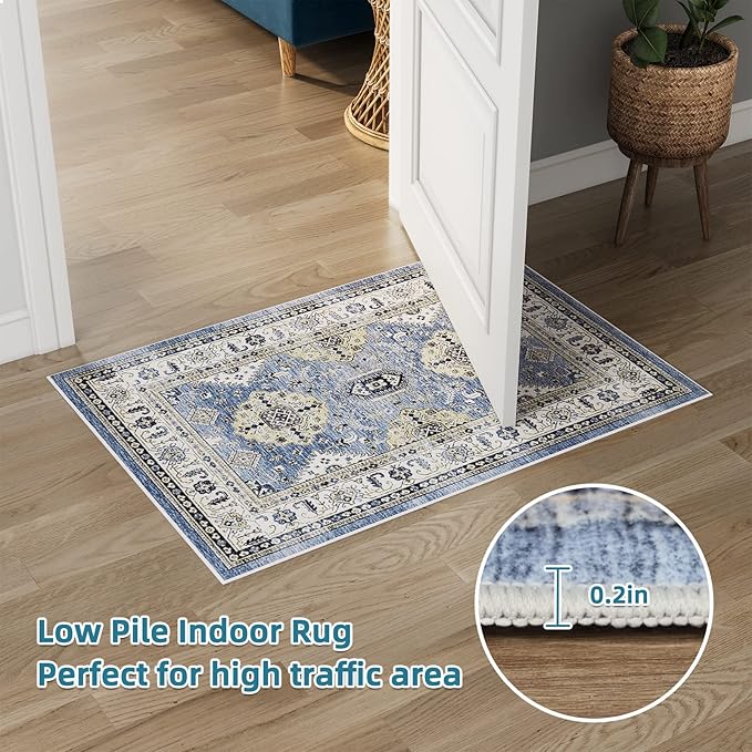 Dripex Vintage Washable Area Rug - 2x4 Indoor Door Mat Oriental Medallion Accent Throw Rug Distressed Foldable Non-Slip Low-Pile Bathroom Kitchen Rug for Entryway Laundry Room Living Room Bedroom