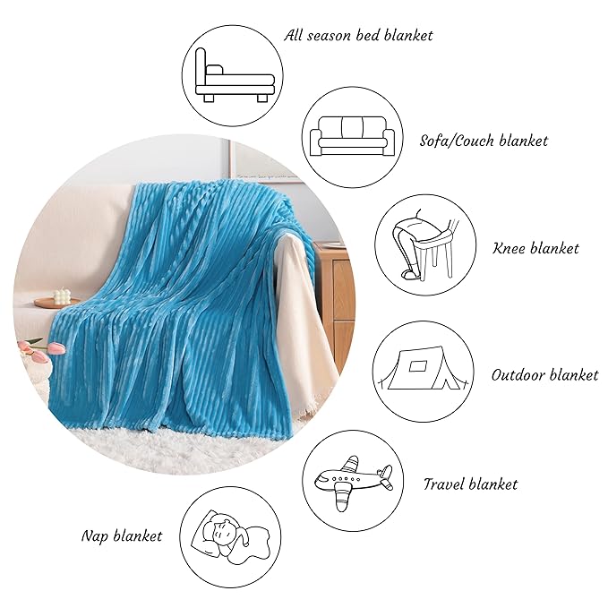 NTBAY Plush Flannel Twin Bed Blanket, 60x80 Inches Soft and Warm Lightweight Bed Blanket with Striped Texture for Couch, Sofa, All Seasons, Blue