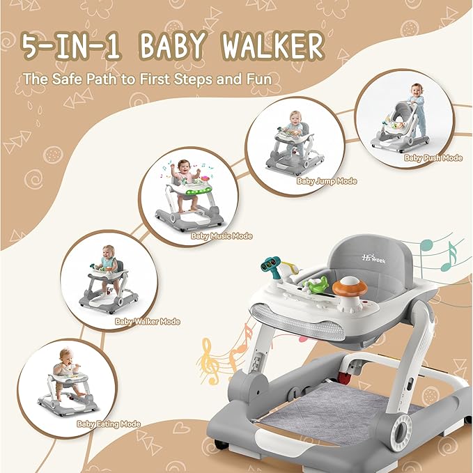 Baby Walker with Wheels, 5 in 1 Walker for Baby Boy Girl with Bouncer, Music and Lights Baby Jumper Activity Center, Adjustable Height, Push Walker for Ages 7-18 Months Toddler (Gray)