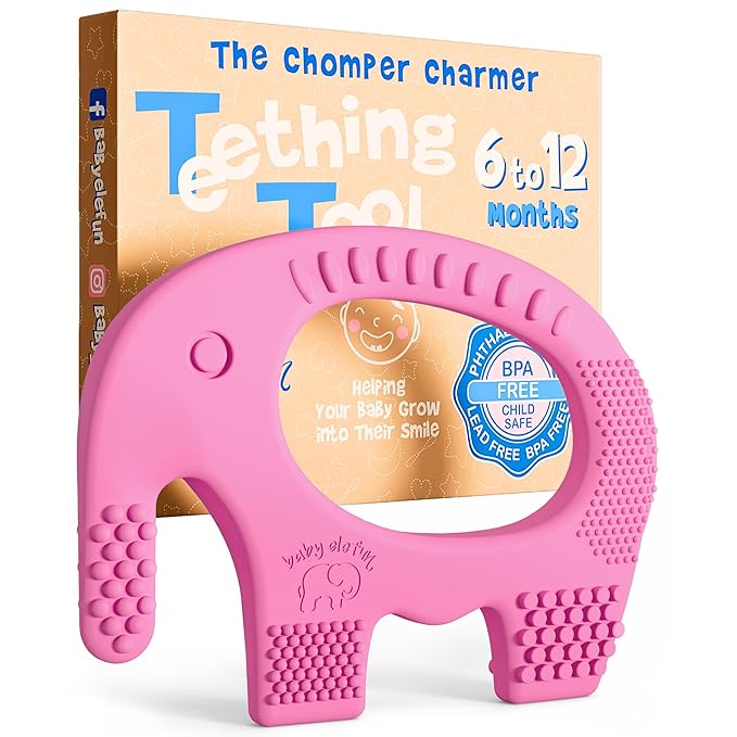 Teethers for Babies 6-12 Months - Baby Elefun 5x Pain Relief Toddler Teether. No More Ouch for Mom Anti Bite Trainer. Nurtures Grasping, Passing, Hand Eye Coordination. Silicone Baby Teething Toy Ring