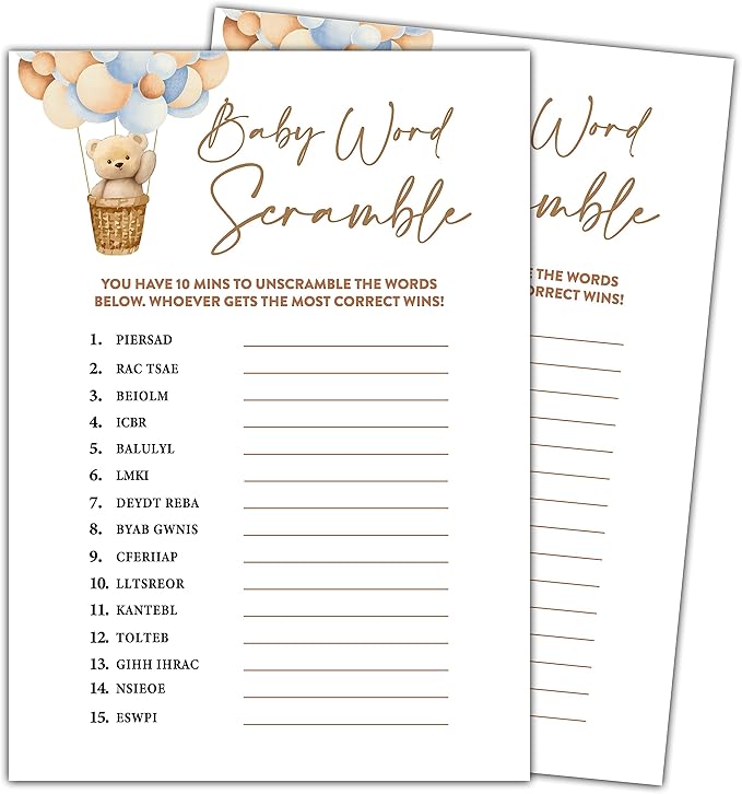 Bear Balloon 30 Baby Word Scramble Game Cards with 1 Answer Card, We Can Bearly Wait Gender Reveal Party Supplies Favors (5"x7") - E01