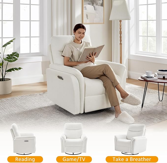 Power Recliner Chair Swivel Glider, Electric Rocking Recliner Chairs with USB and Type-C Ports, Nursery Chair Recliner for Living Room, Bedroom, Apartment(White)