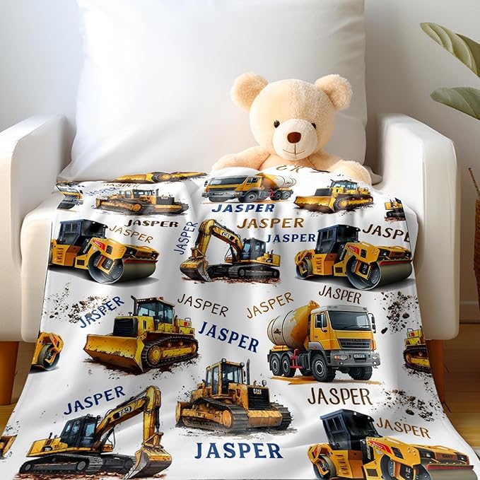 Ship Next Day, Personalized Truck Blanket - Printed in USA, Custom Name Blankets for Kids with Engineering Vehicle, Home Bedding Bed Decor, Fun Birthday Gift for Boys&Girls Women Man