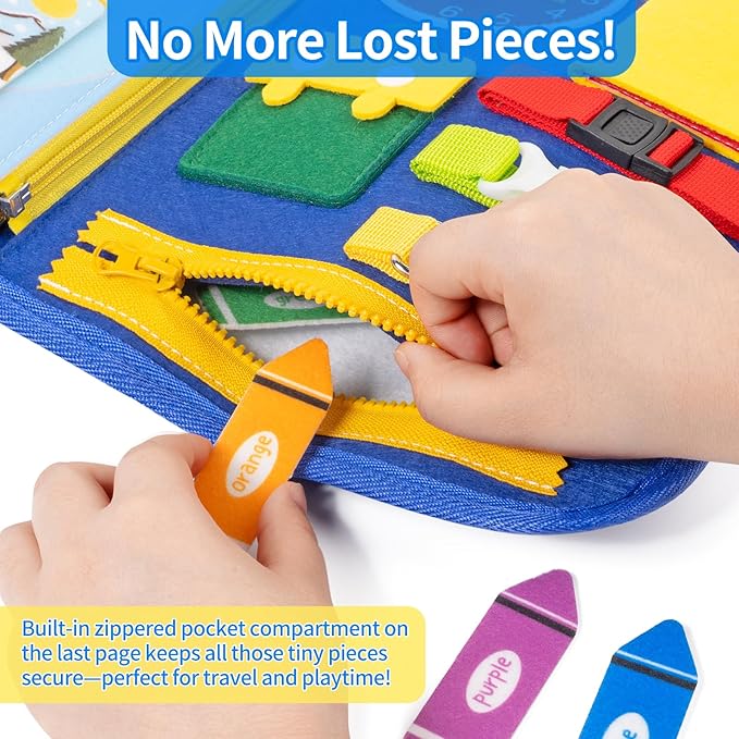 12-page Toddler Busy Board Montessori Toys for 1 2 3 4 Years Old, Busy Book for Toddlers 1-3 Boy Birthday Gift, 24 in 1 Activity Sensory Toys for Motor Skills, Travel Toy for Car Airplane (Blue)