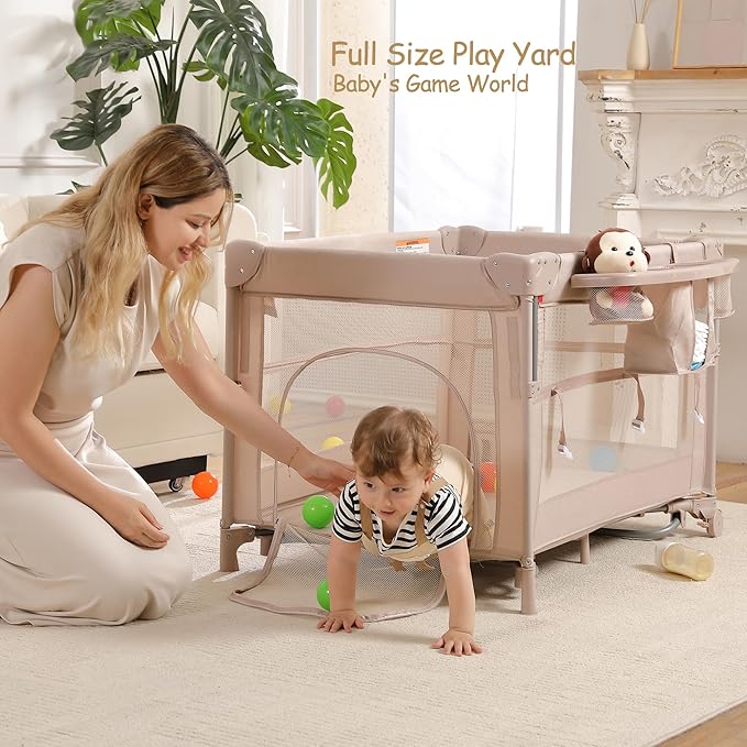 5 in 1 Pack and Play, Portable Travel Baby Bassinet, Foldable Travel Playard Playpen for Toddler, Bedside Crib Sleeper, Diaper Changer Table, Baby Playard for Newborn (Champagne)