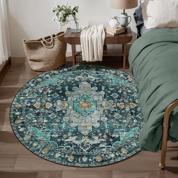 Ciicool Washable Area Rug Round 4’x4’ Teal Boho Bedroom Non-Slip Oriental Entry Throw Low-Pile Indoor Floor Carpet for Living Room Laundry Foyer Decor (Teal/Multi)