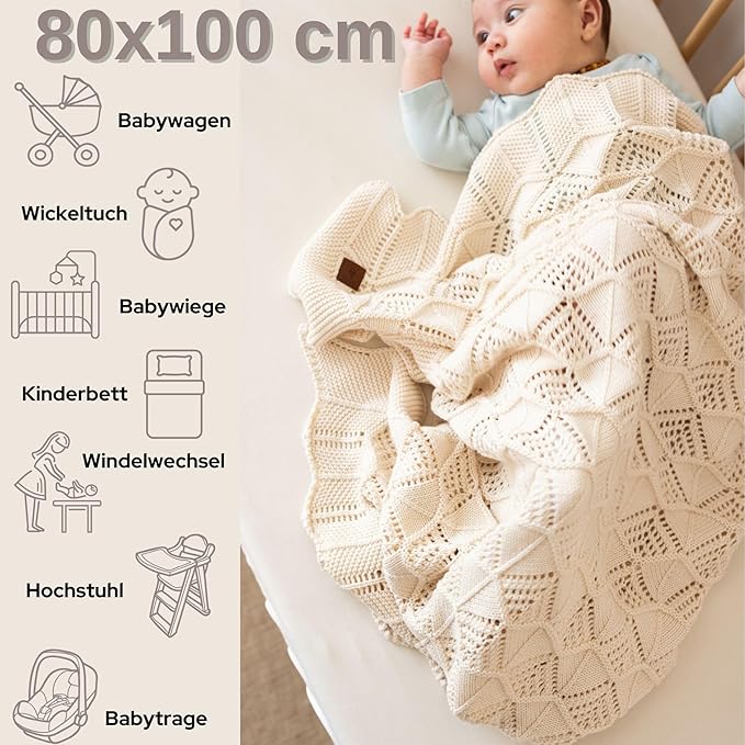 Emily 100% Organic Cotton Baby Knitted Blanket with Gift Box - Soft Toddler, Crib, Stroller Blanket - Neutral Swaddle and Receiving Blanket for Newborns, 30"x40", Earth Ivory