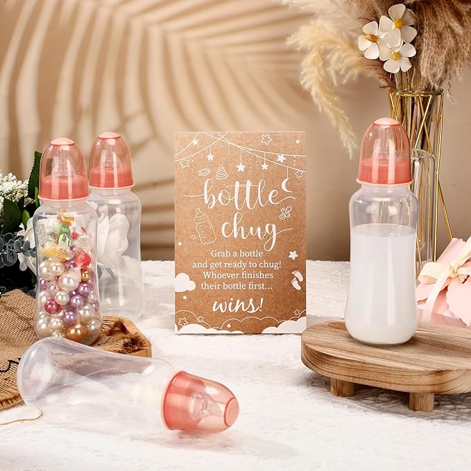 TrelaCo Cool Baby Shower Games Sets 12 Pcs Feeding Bottles with 1 Bottle Chug Sign for Gender Reveal Baby Shower Party Favors Decoration Games(Elegant,Kraft)