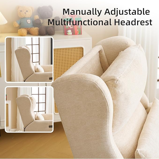 Oversized Swivel Rocker Recliner Chair, 26" Extra Wide Glider Nursery Chair with Adjustable Headrest, Chenille Power Recliner Rocking with Double Cushion, Cup Holder, Beige
