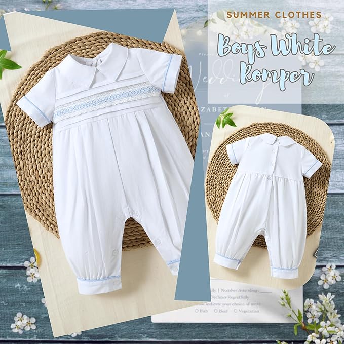 Booulfi Baptism Christening Outfits for Boys Easter White Romper Baby Romper Church Newborn Clothes