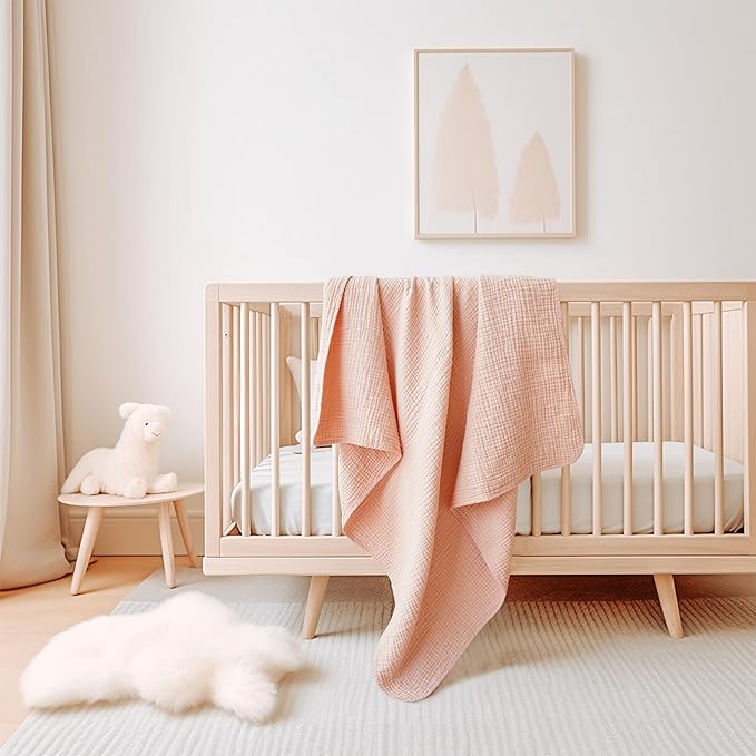 Konssy Muslin Baby Blankets for Girls Boys, 100% Cotton Crib Blanket for Infant Toddler, Super Soft and Lightweight Nursery Swaddling Wrap 40"x36" (Pink)