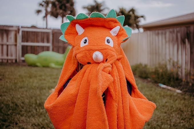 Hooded Baby Towel for Kids 2-8 | Large 100% Cotton Baby Towel for Boys or Girls in Orange | Cute Dino Bath Towels for Babies and Toddlers with Dinosaur Design