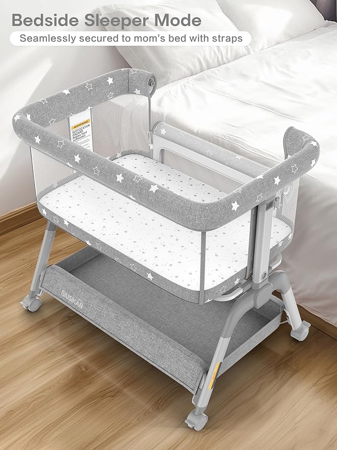 Bassinet Bedside Sleeper, Baby Crib with Mattress and Adjustable Height & Upgraded Wheels, All Mesh Portable Bassinet for Co-Sleeping, Baby Bed for Newborn