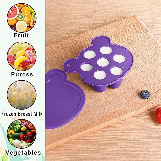 Baby Fruit Food Feeder Breastmilk Popsicle Molds for Teething Relief - 3 Pack Feeding Sets - 1 Freezer Tray with Lid & 1 Teether Toy & 1 Silicone Pacifier + 3 Extra Sizes Infant Feed Mesh (Purple)
