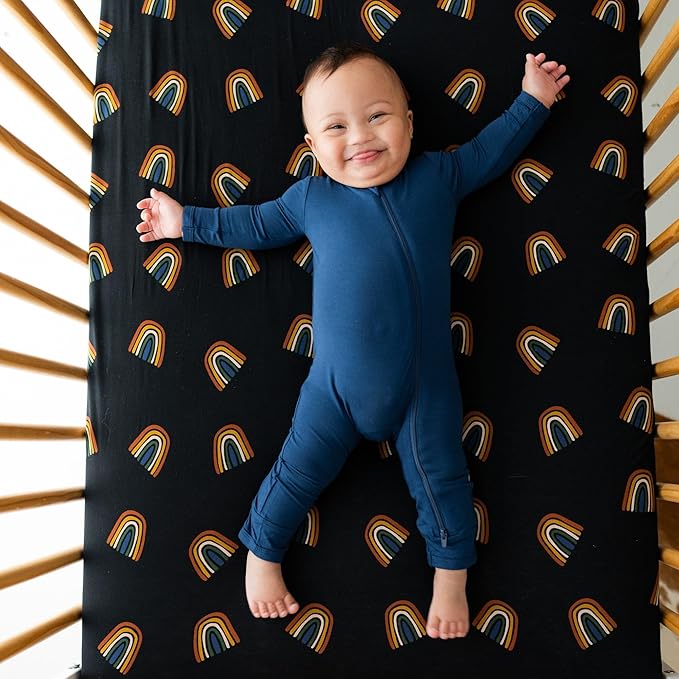 Kyte Baby Soft Crib Sheet - Standard Fitted Crib Sheet Made with Rayon from Bamboo, Ultra-Gentle and Breathable (Rust Rainbow on Midnight)