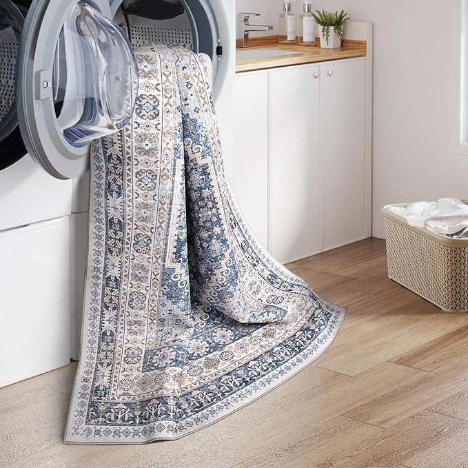 zesthome 6x9 Area Rug, Super Soft Washable Rugs for Living Room, Non-Slip Stain Resistant Vintage Rugs, Ultra-Thin Large Area Rugs (Blue/Beige,6'x9')