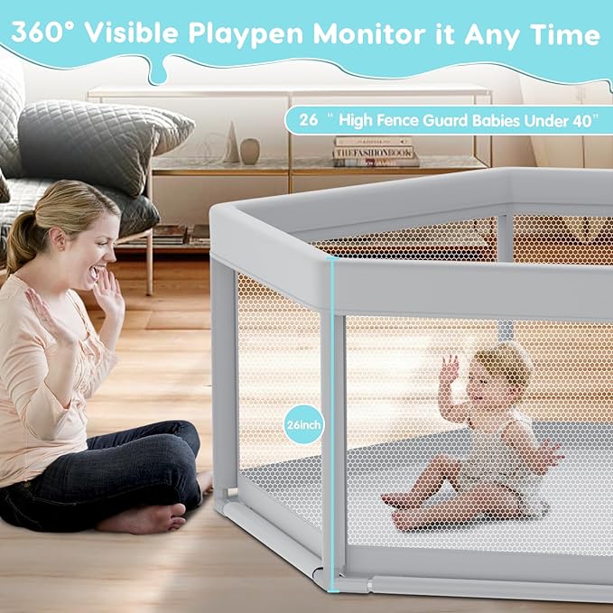 65" ×65" Hexagonal Baby Playpen, Baby Playard for Babies and Toddlers, BabyFence Play Pens for Indoor & Outdoor, Sturdy Safety Play Yard with Soft Breathable Mesh, Anti-Fall, Grey