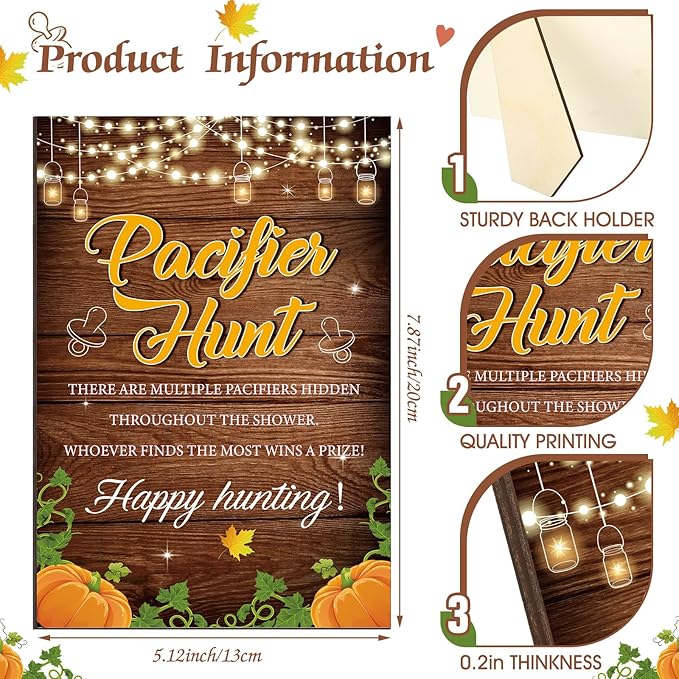 Thyle 51 Pcs Pacifier Hunt Baby Shower Games Include Hunt Sign and 50 Acrylic Pacifiers for Baby Shower Game Decoration Gift Sets Gender Reveal Party Decor(Fall Pumpkin)