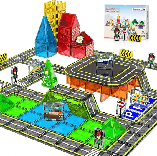 Magnetic Tiles Road Set, Magnetic Building Blocks for Kids Ages 3+Year Old, Montessori Educational Magnet Toys for Toddler Kids, STEM Creative Toy for Christmas Birthday Gifts
