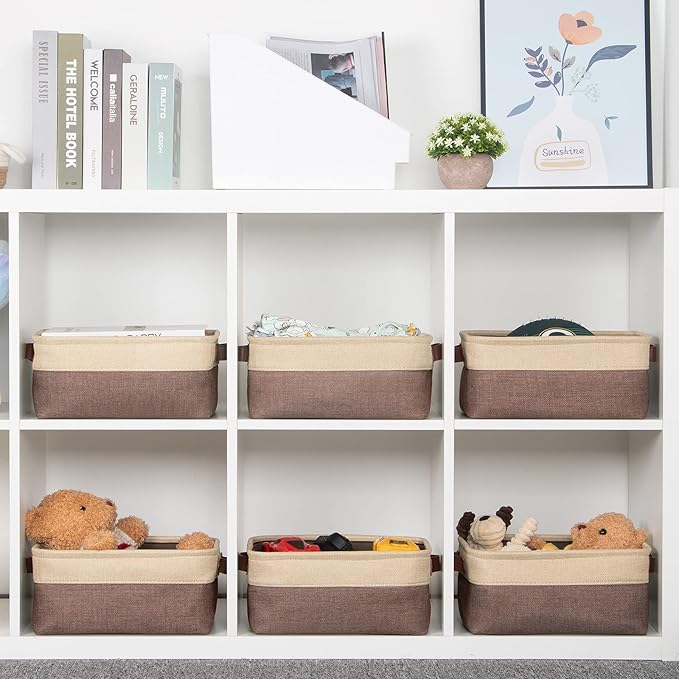 HNZIGE Foldable Fabric Storage Baskets for Shelves(6pack) Small Bins with Handles, Canvas Baskets for Gifts Empty With Handles for Closet Nursery Home Shelves Toy (Gold&Brown, 11.8" x 7.8" x 5.1")