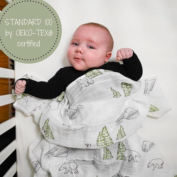 LollyBanks Muslin Swaddle Blankets, 100% Cotton Soft Baby Swaddle Blanket for Boys and Girls, Large 47 x 47 Inches Breathable Baby Receiving Blankets, Baby Essentials, Registry (Polar Bear Theme)