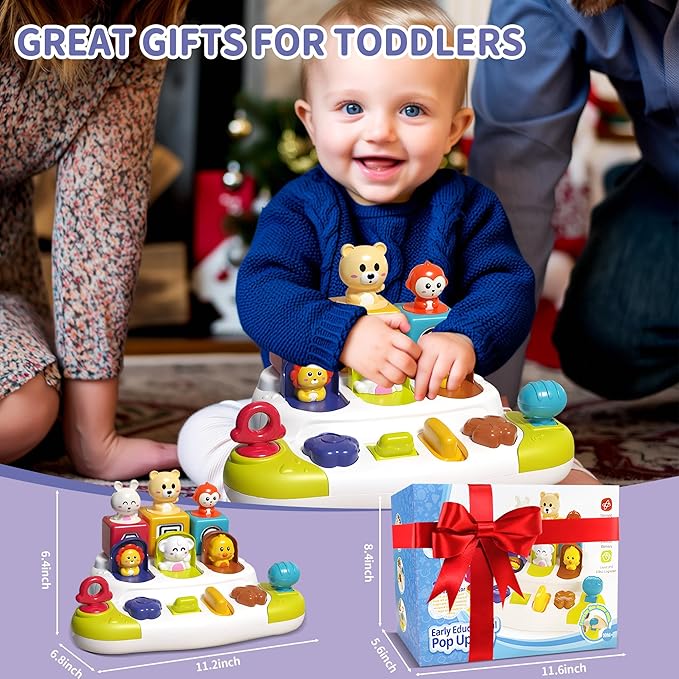 Pop Up Animals Toy with Buttons, Montessori Toys for Babies Cause and Effect Baby Toy Educational Toys 12-18 Months, Birthday Gift for Boys Girls