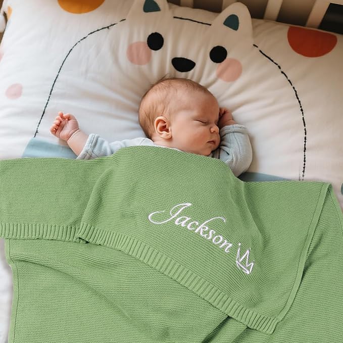 Personalized Baby Blanket with Embroidered Name, Custom Baby Blanket for Boys Girls, 30x40in Customized Baby Receiving Blankets, Personalized Christmas Birthday Boys Girls Newborn Gifts (Green)
